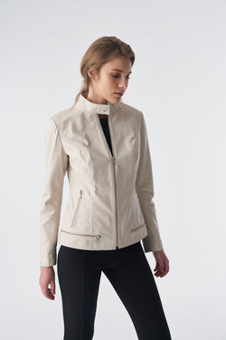 Image of Zipper Hem Detail Leather Jacket, Beige