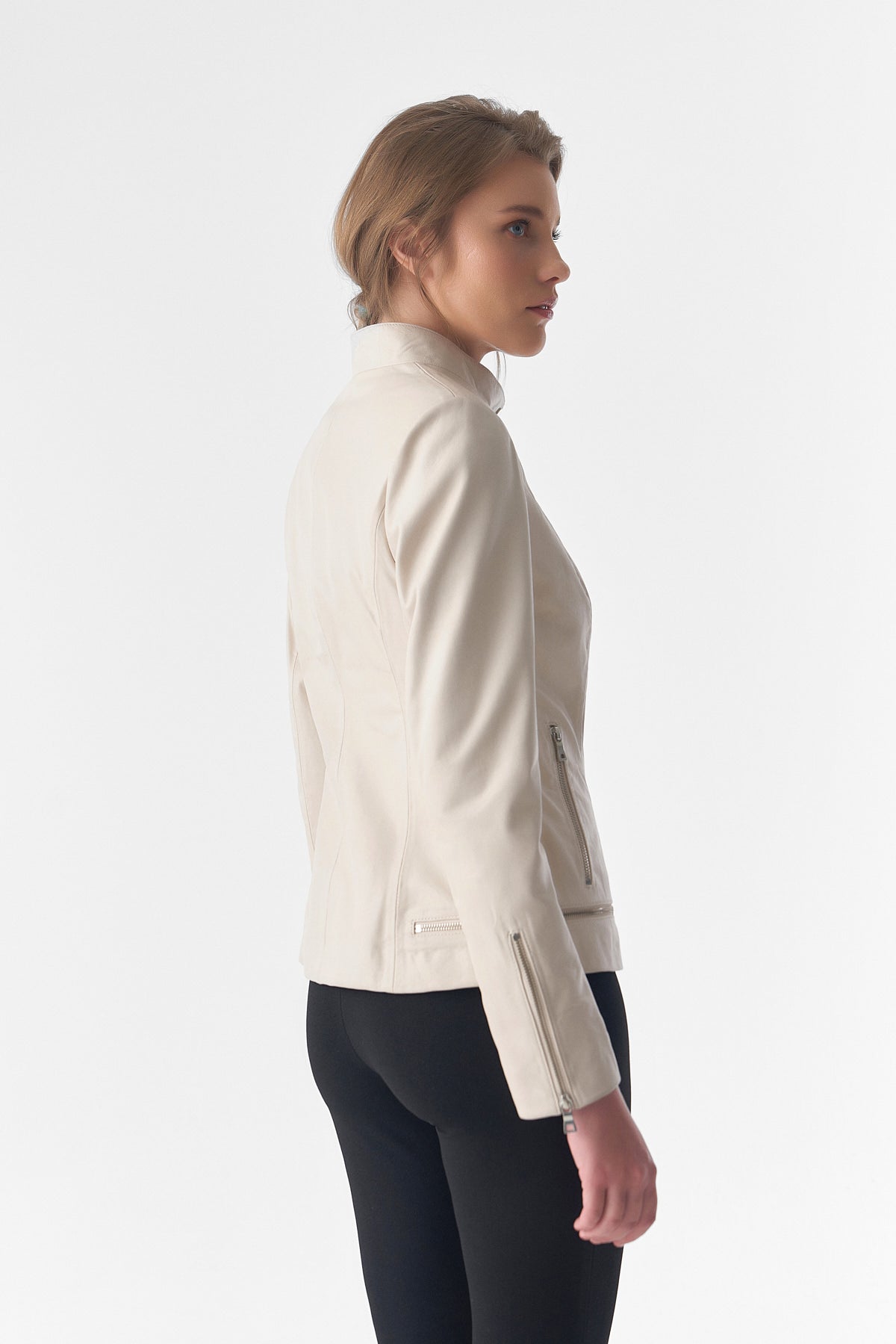 Zipper Hem Detail Leather Jacket, Beige