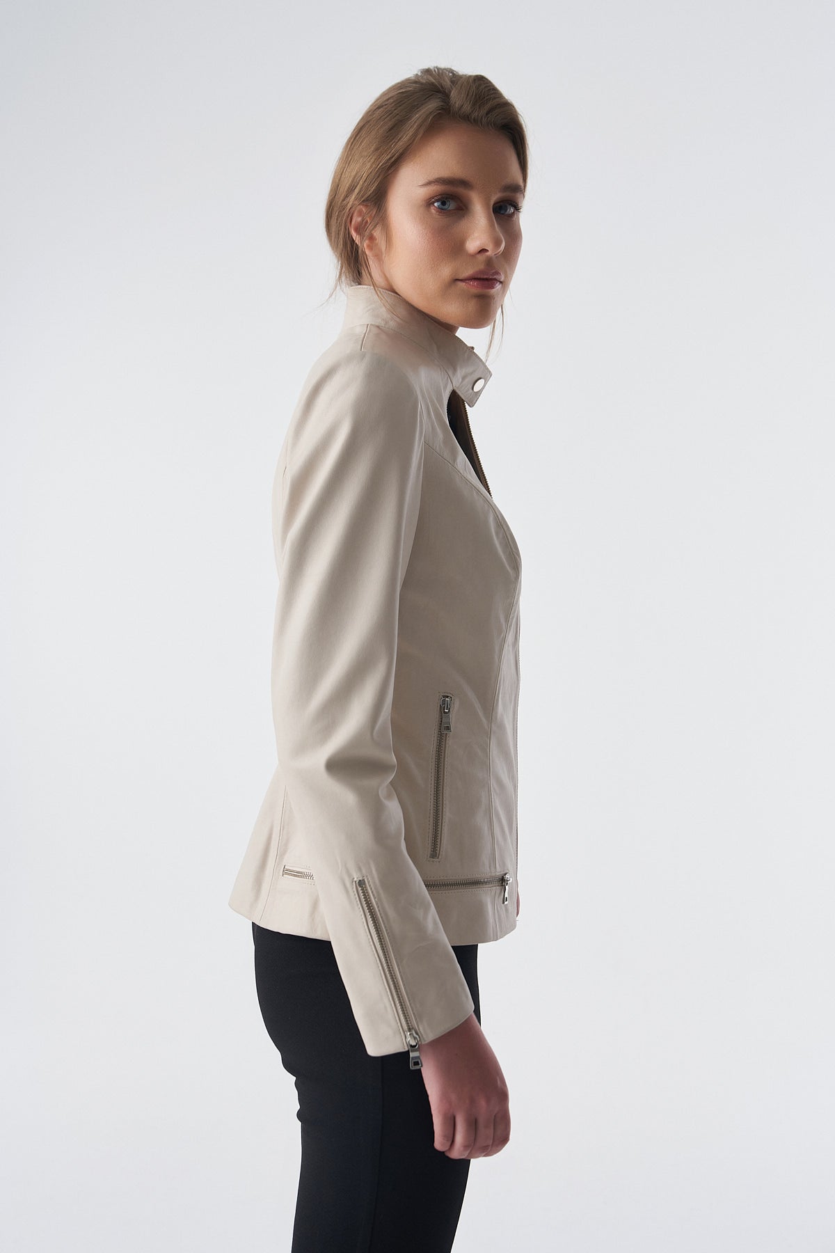 Zipper Hem Detail Leather Jacket, Beige