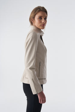 Image of Zipper Hem Detail Leather Jacket, Beige