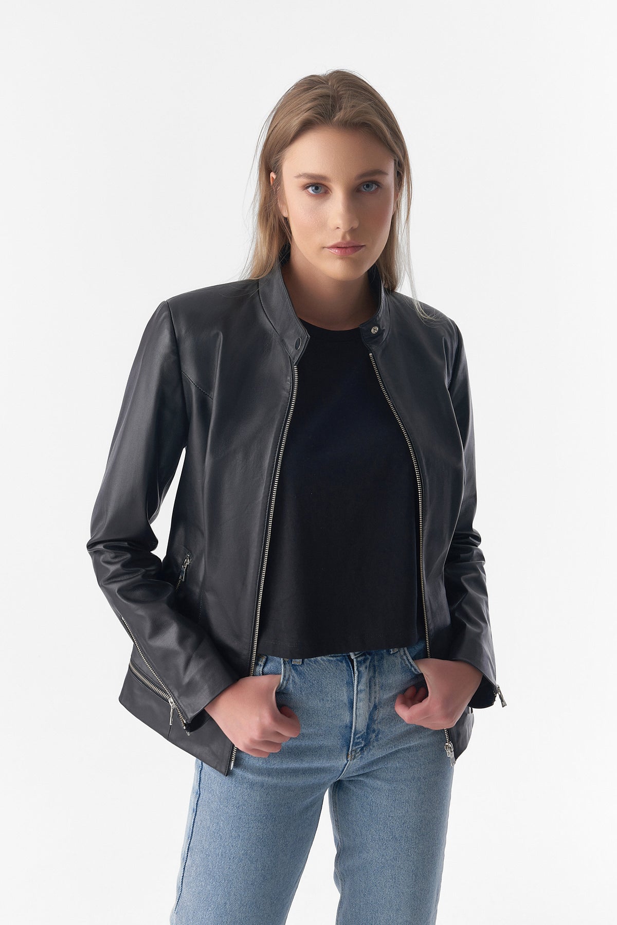 Zipper Hem Detail Leather Jacket, Black