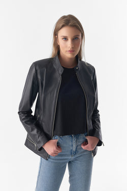 Image of Zipper Hem Detail Leather Jacket, Black