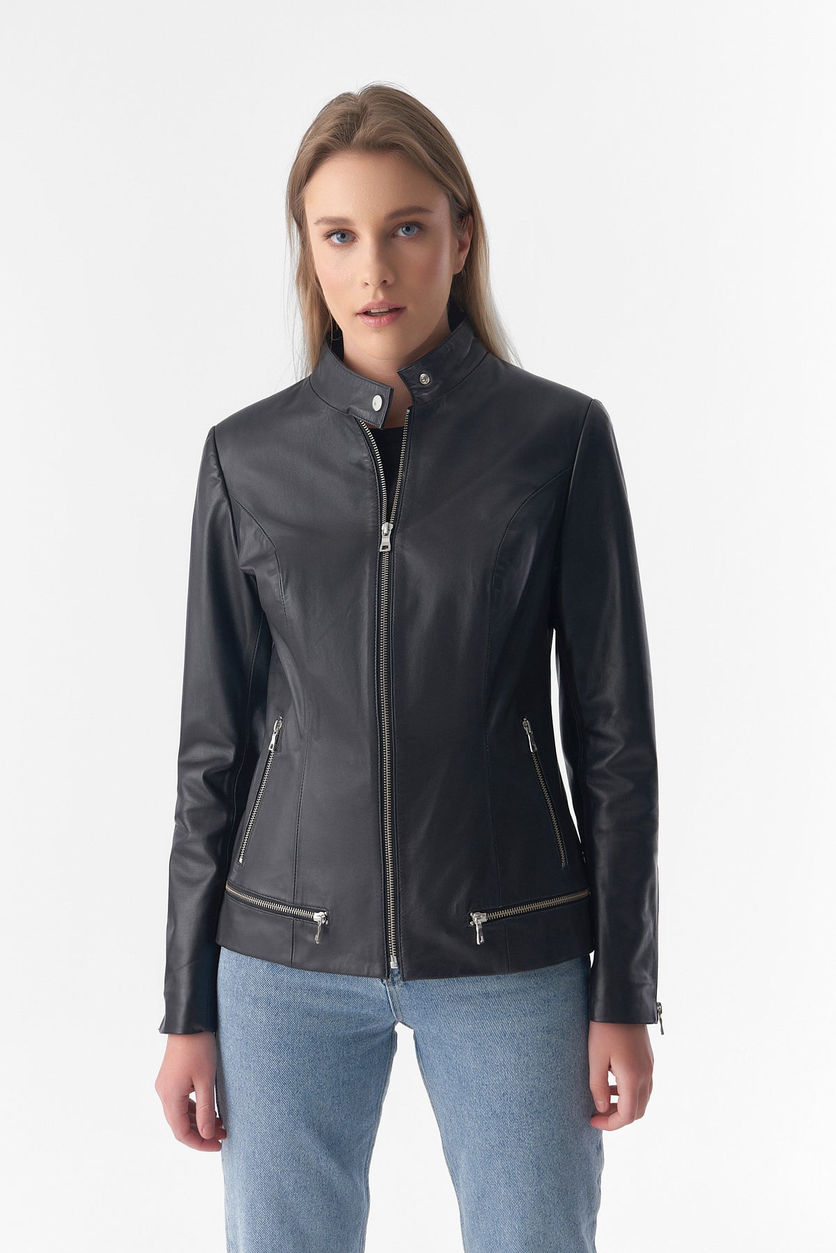 Zipper Hem Detail Leather Jacket, Black