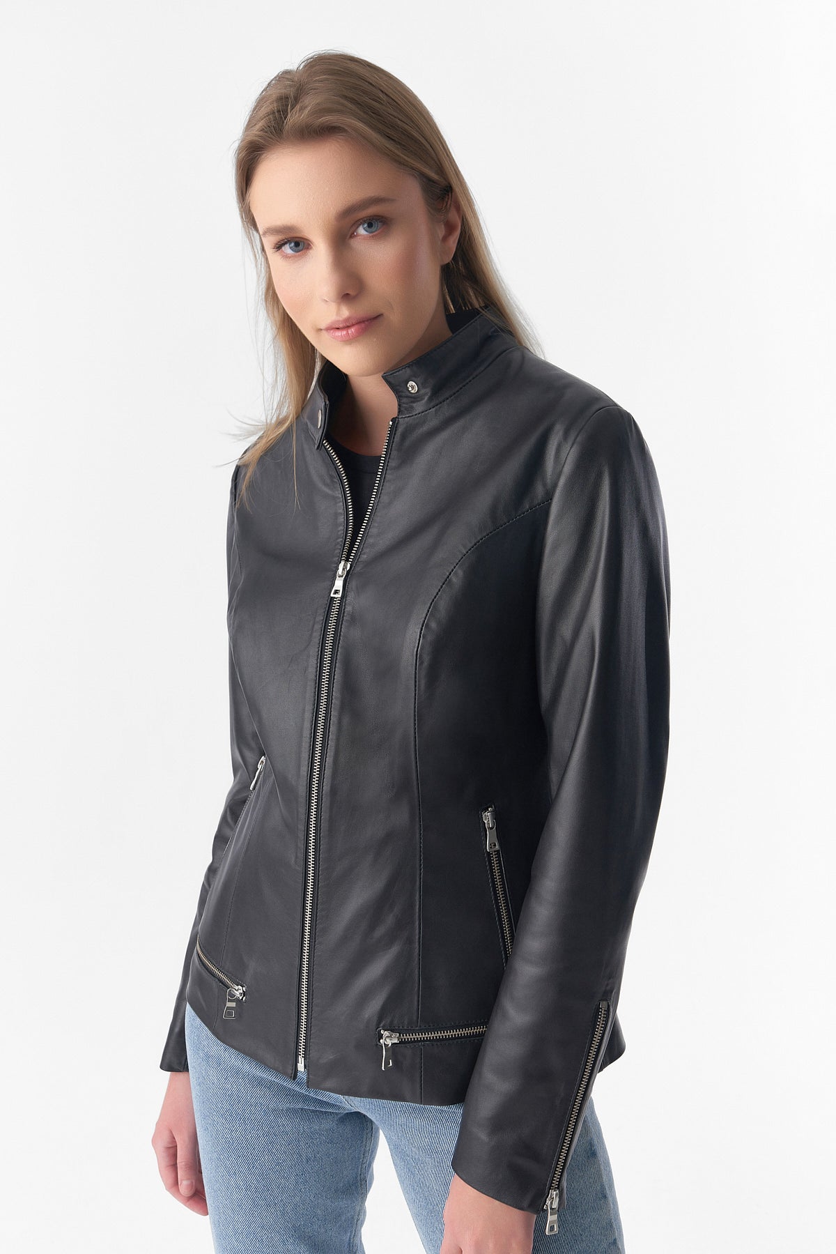 Zipper Hem Detail Leather Jacket, Black