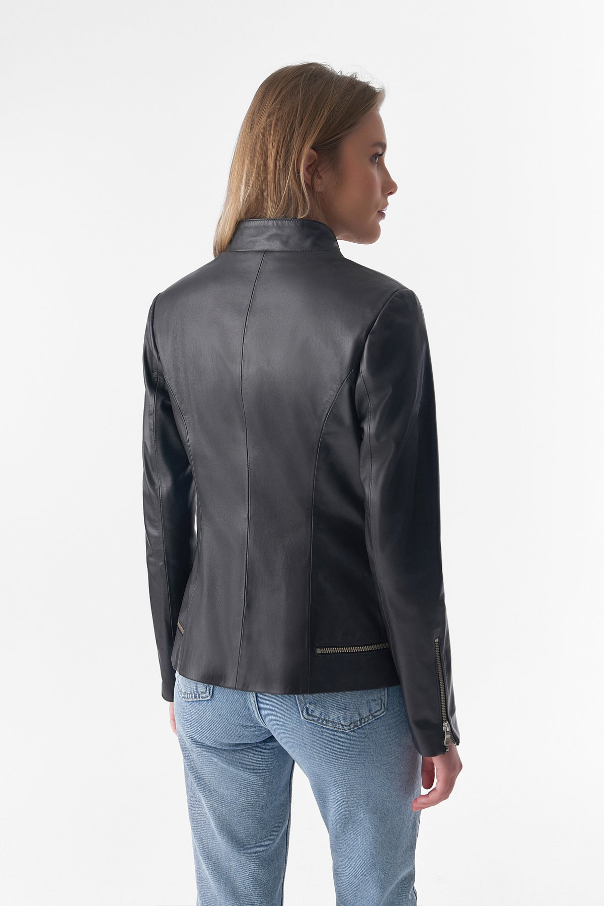 Zipper Hem Detail Leather Jacket, Black