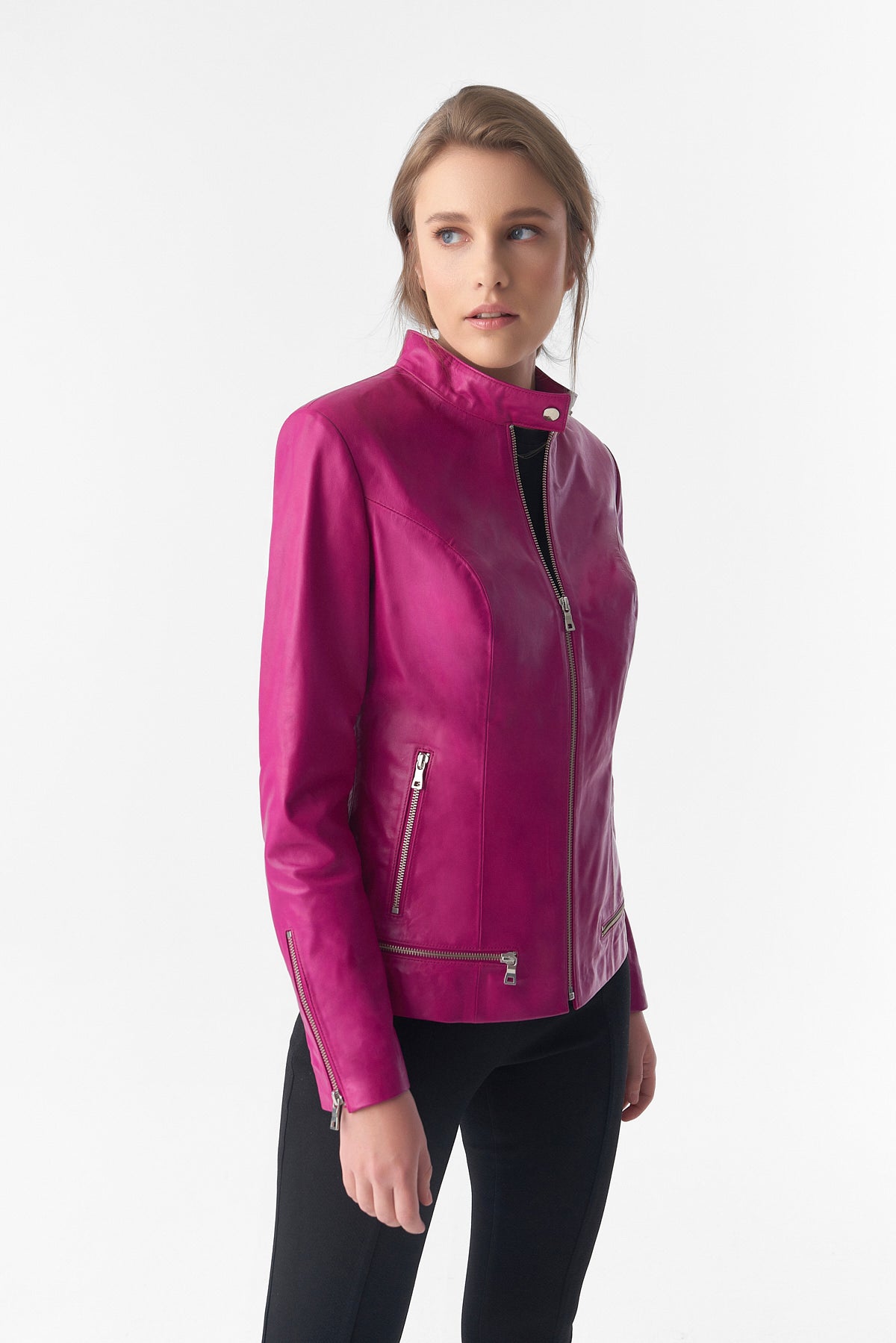 Zipper Hem Detail Leather Jacket, Fuchsia