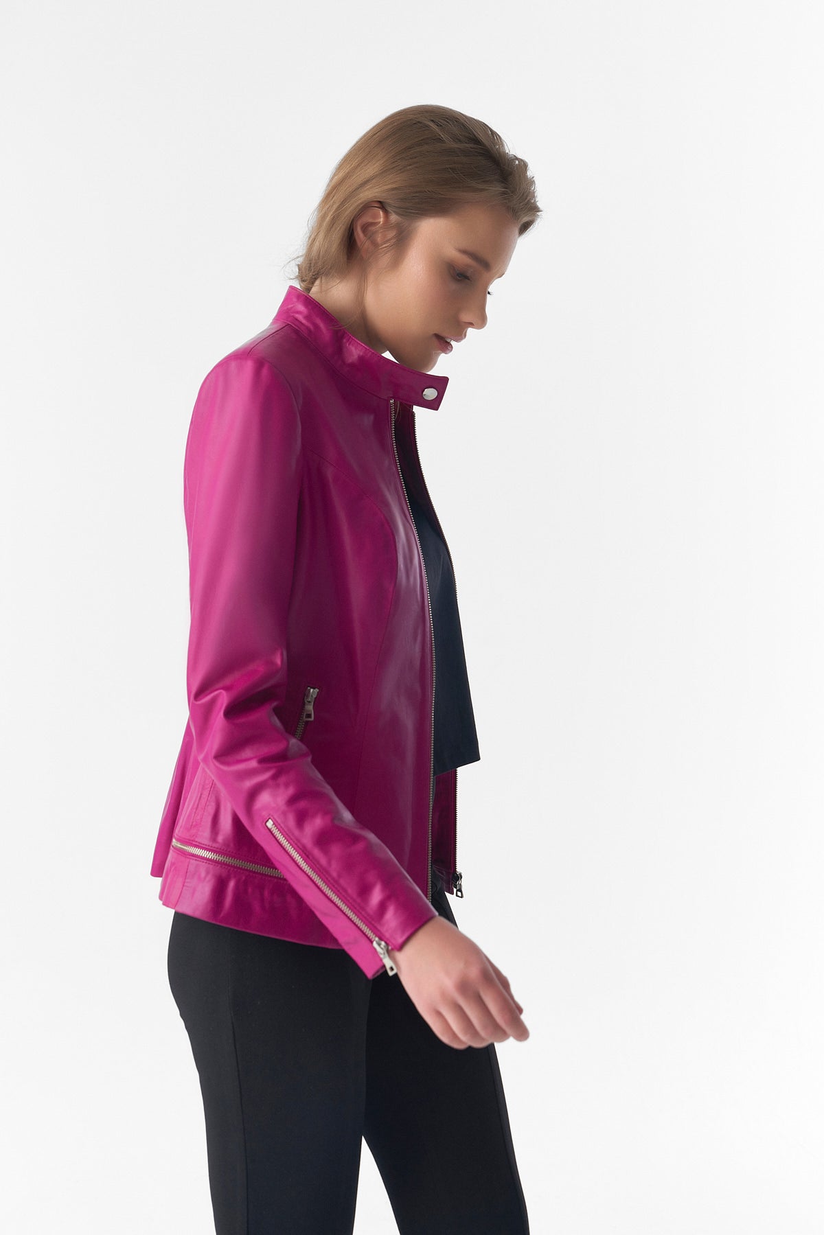 Zipper Hem Detail Leather Jacket, Fuchsia