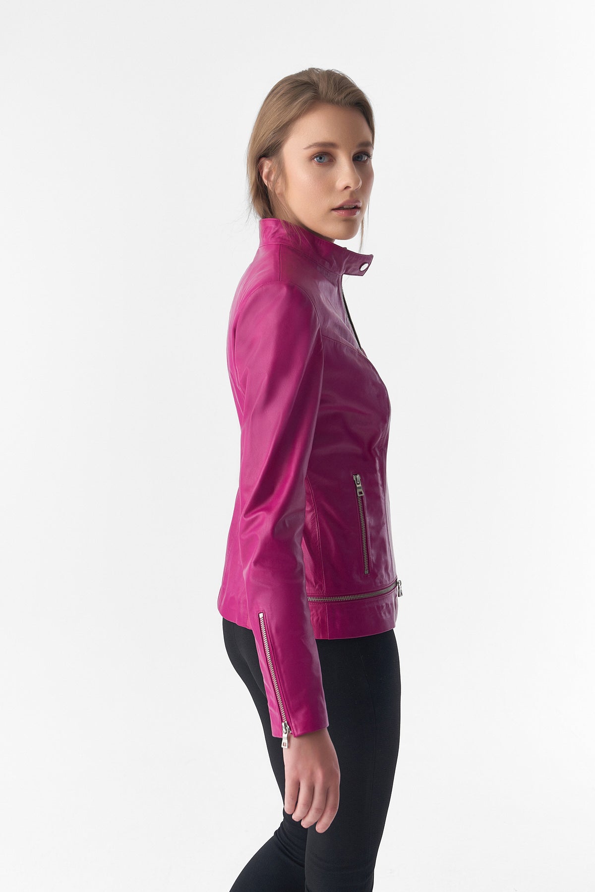 Zipper Hem Detail Leather Jacket, Fuchsia