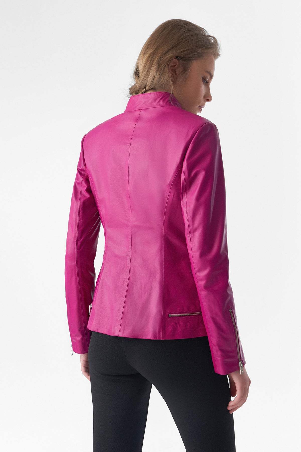 Zipper Hem Detail Leather Jacket, Fuchsia