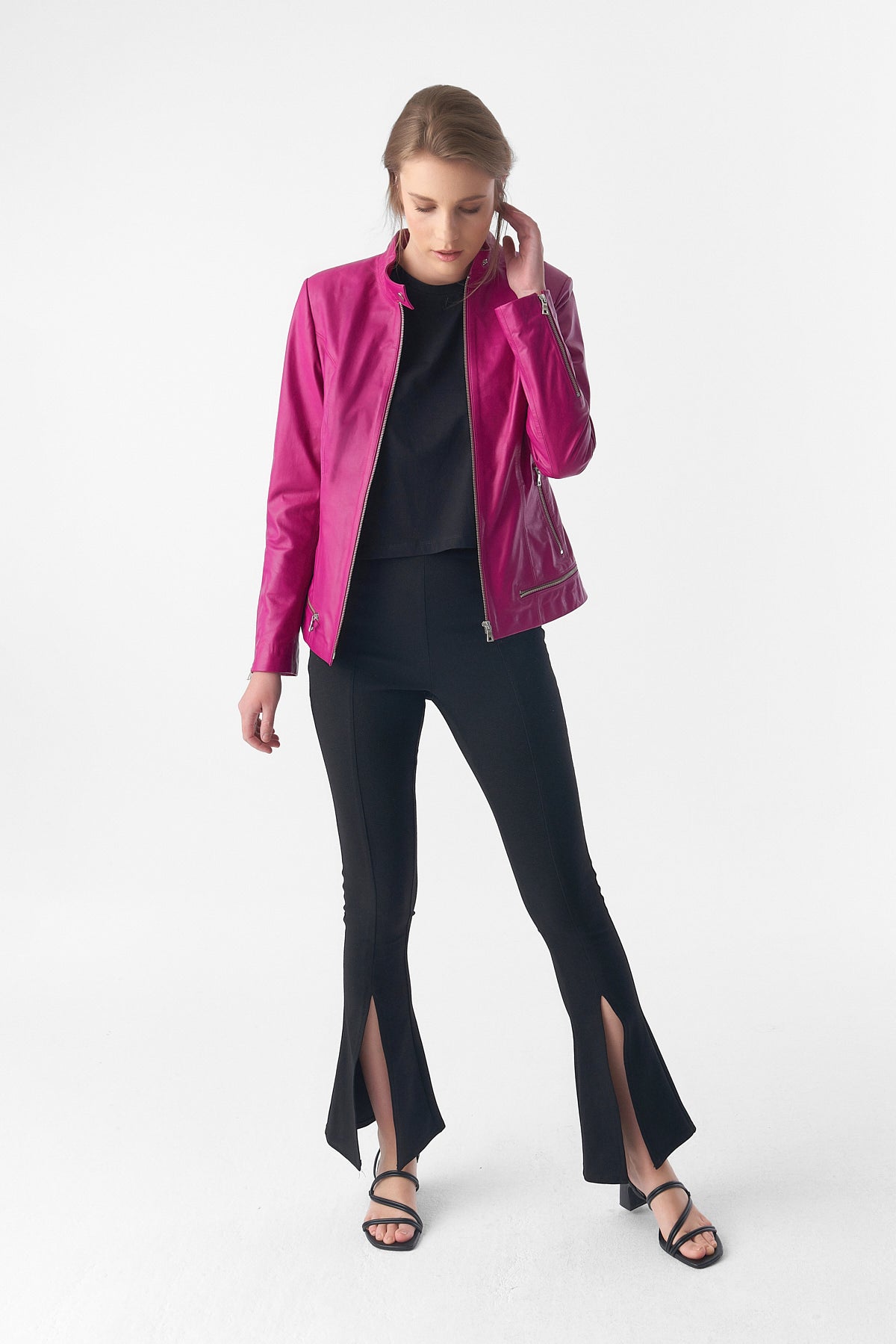 Zipper Hem Detail Leather Jacket, Fuchsia