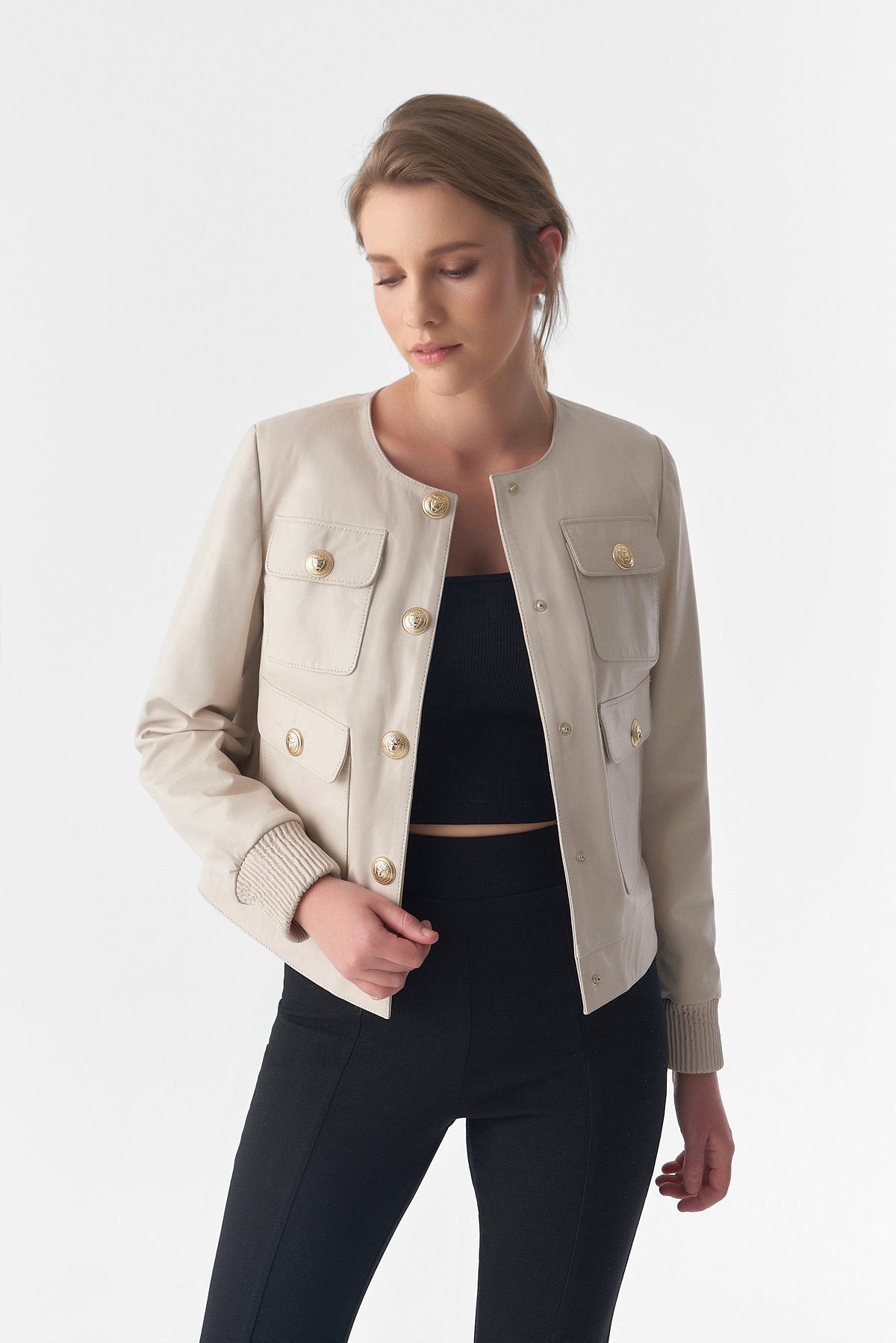 Collarless Stunning Studs Closure Leather Jacket, Beige