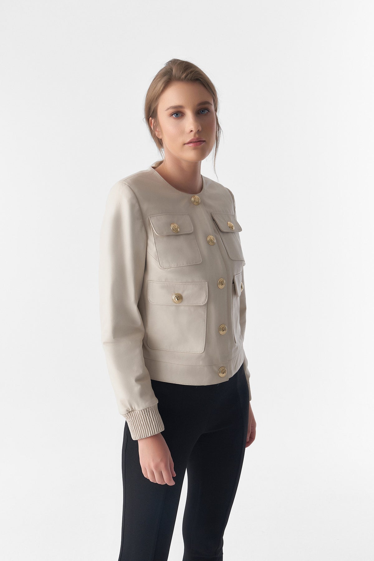 Collarless Stunning Studs Closure Leather Jacket, Beige