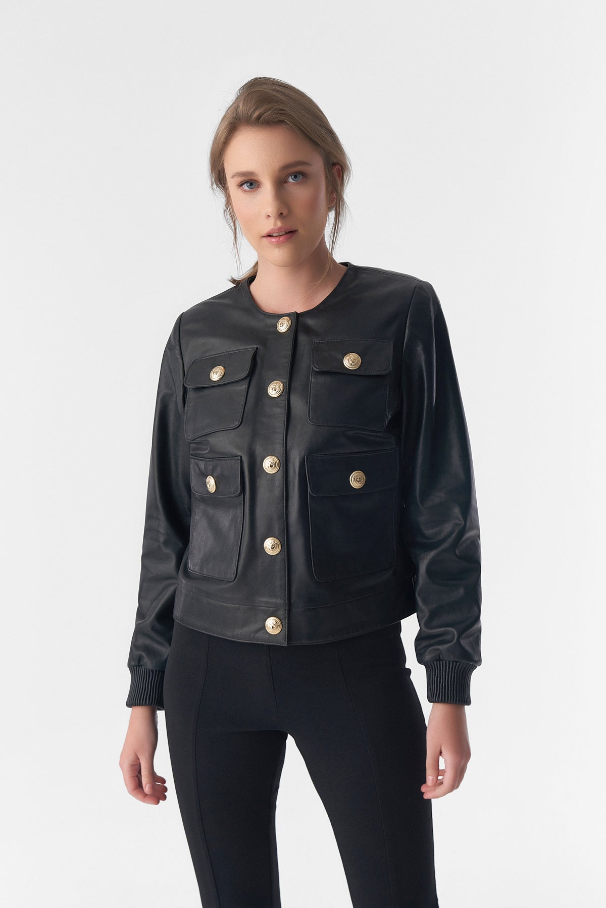 Collarless Stunning Studs Closure Leather Jacket, Black