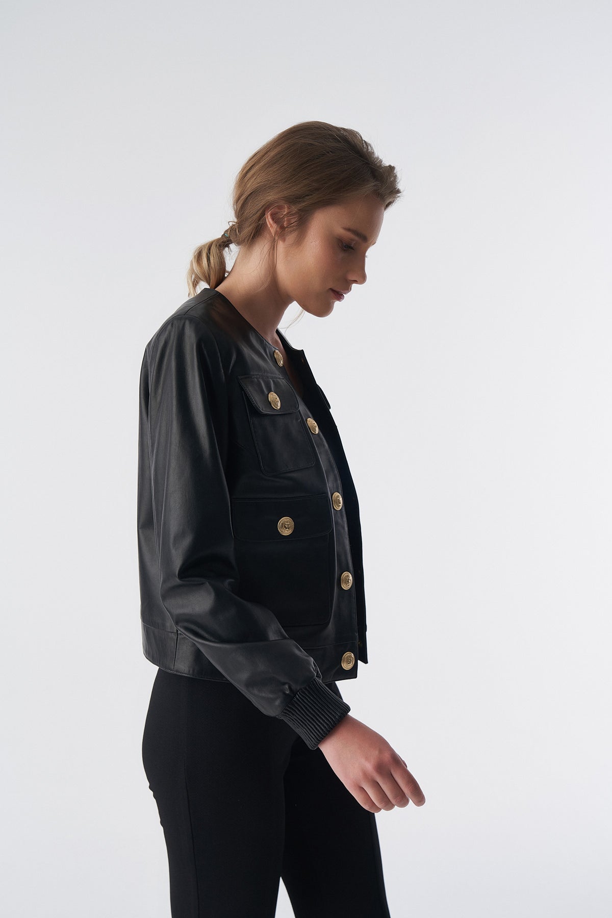 Collarless Stunning Studs Closure Leather Jacket, Black