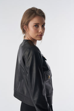 Image of Collarless Stunning Studs Closure Leather Jacket, Black