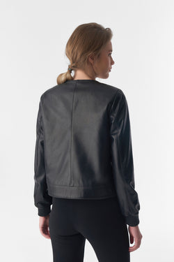 Image of Collarless Stunning Studs Closure Leather Jacket, Black