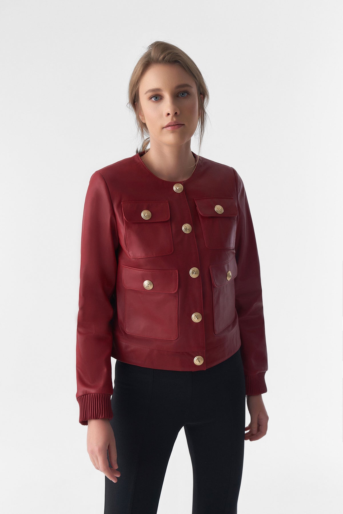 Collarless Stunning Studs Closure Leather Jacket, Burgundy