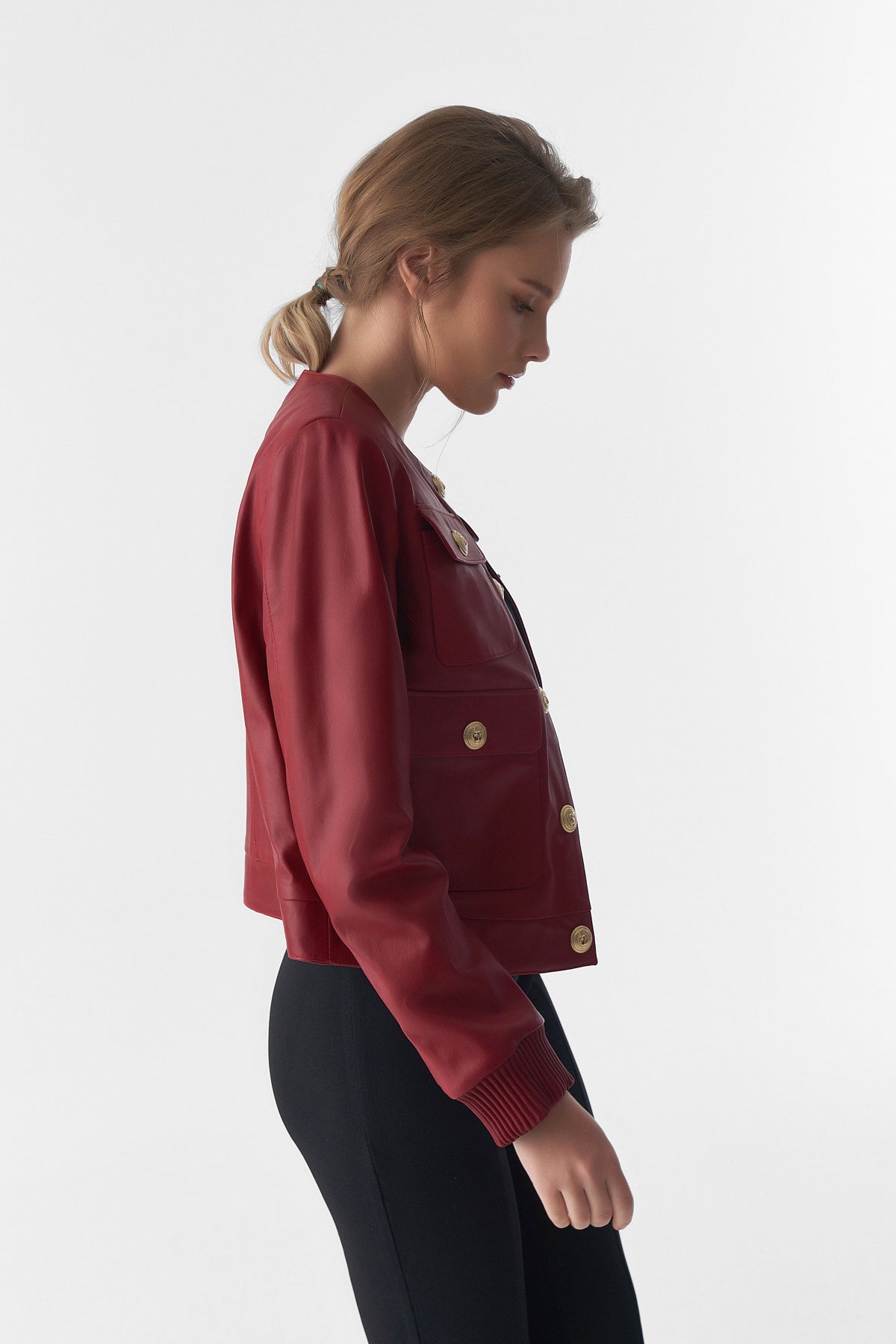 Collarless Stunning Studs Closure Leather Jacket, Burgundy