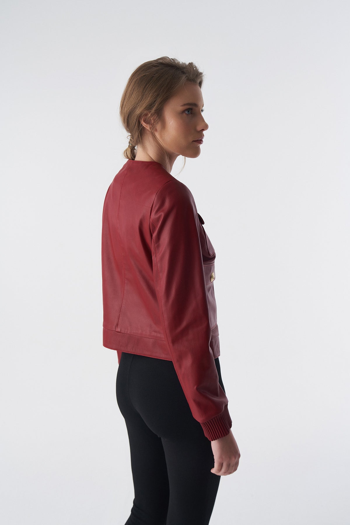 Collarless Stunning Studs Closure Leather Jacket, Burgundy