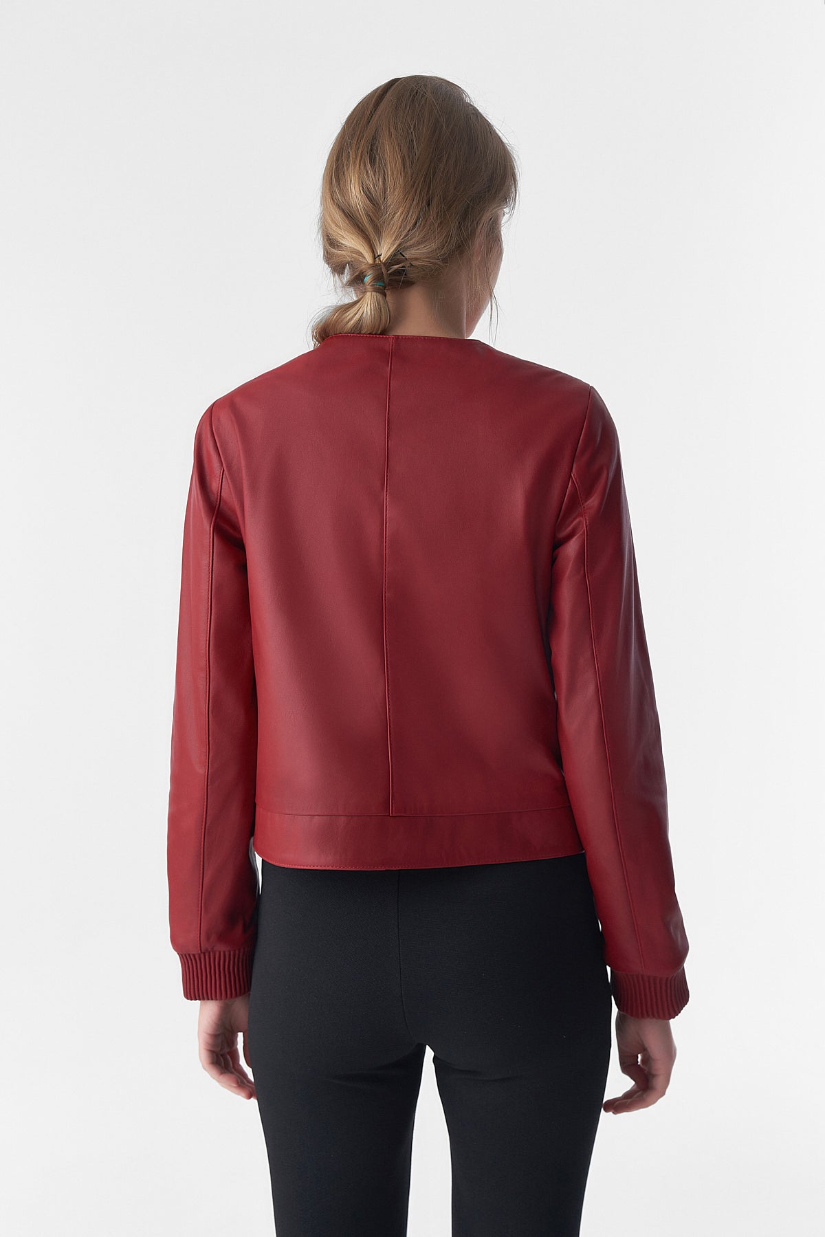 Collarless Stunning Studs Closure Leather Jacket, Burgundy