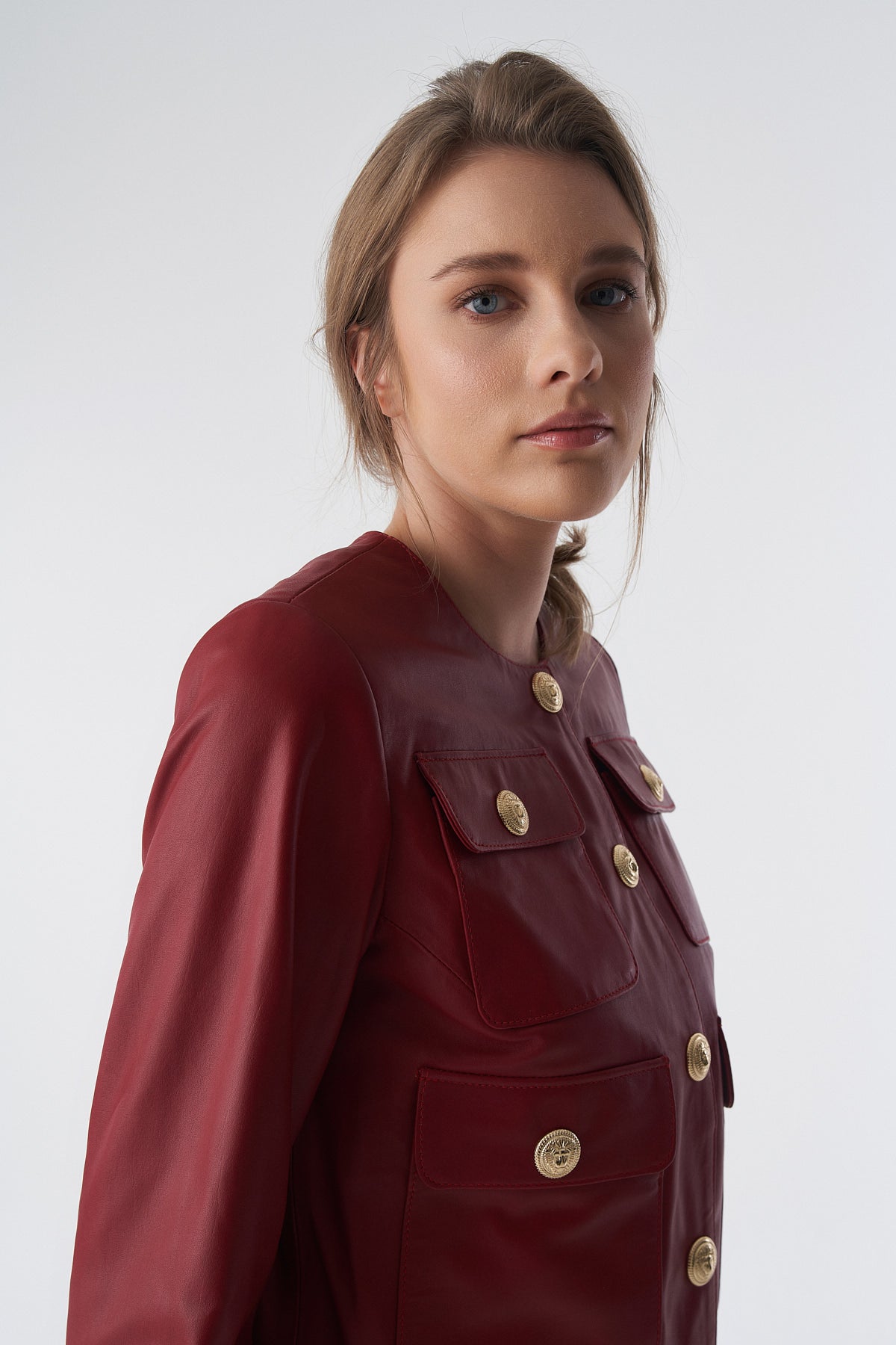 Collarless Stunning Studs Closure Leather Jacket, Burgundy