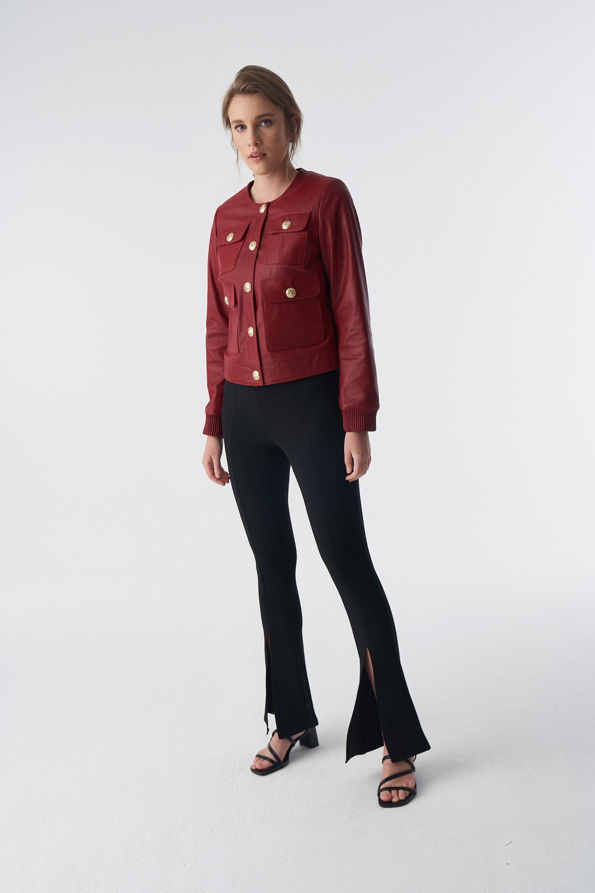 Collarless Stunning Studs Closure Leather Jacket, Burgundy