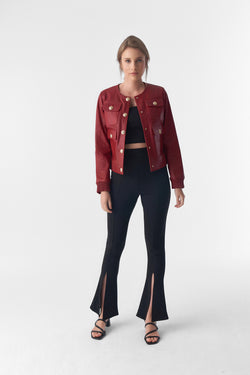 Image of Collarless Stunning Studs Closure Leather Jacket, Burgundy