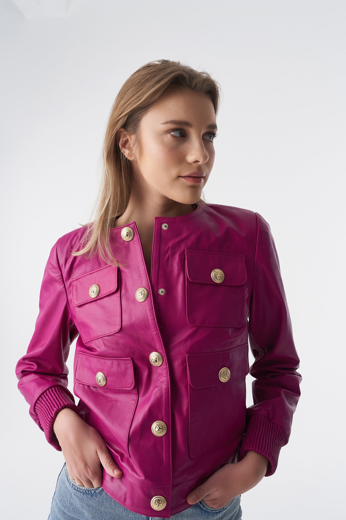 Collarless Stunning Studs Closure Leather Jacket, Fuchsia