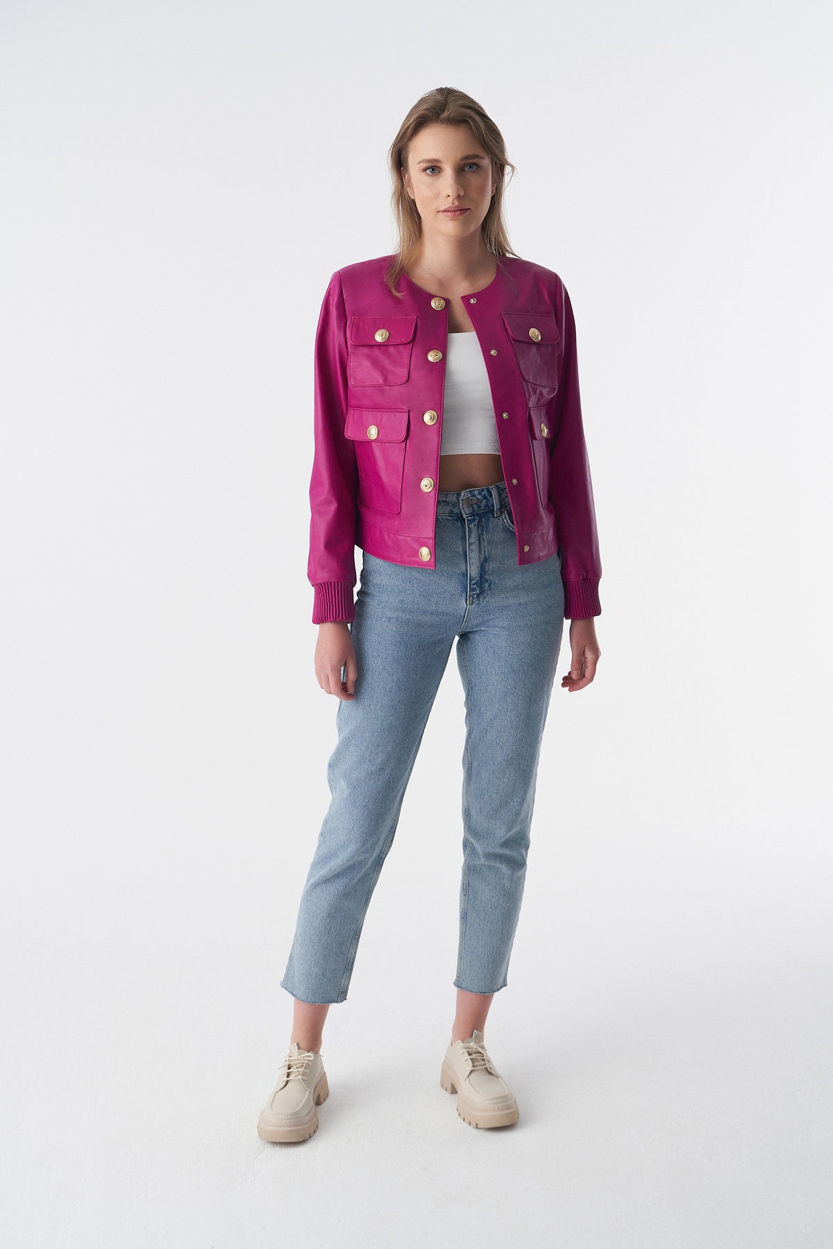 Collarless Stunning Studs Closure Leather Jacket, Fuchsia