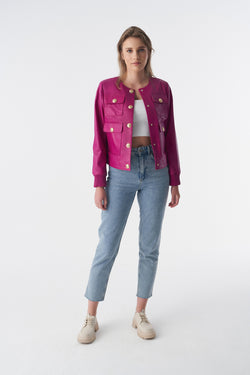 Image of Collarless Stunning Studs Closure Leather Jacket, Fuchsia