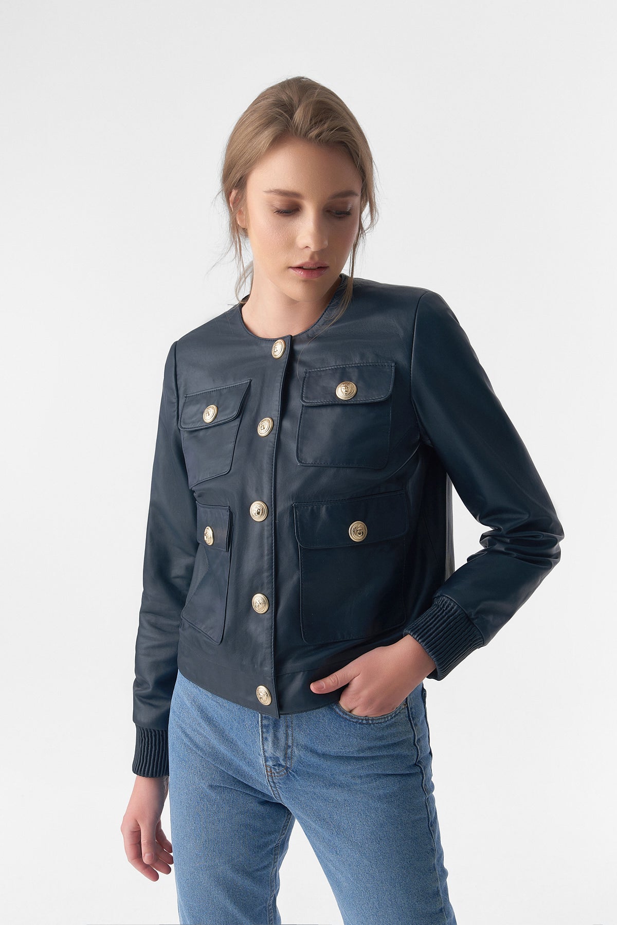 Collarless Stunning Studs Closure Leather Jacket, Navy