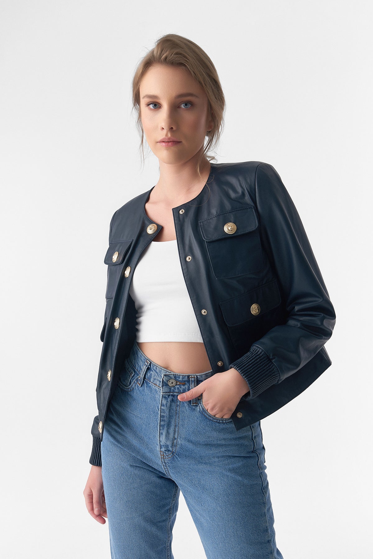 Collarless Stunning Studs Closure Leather Jacket, Navy