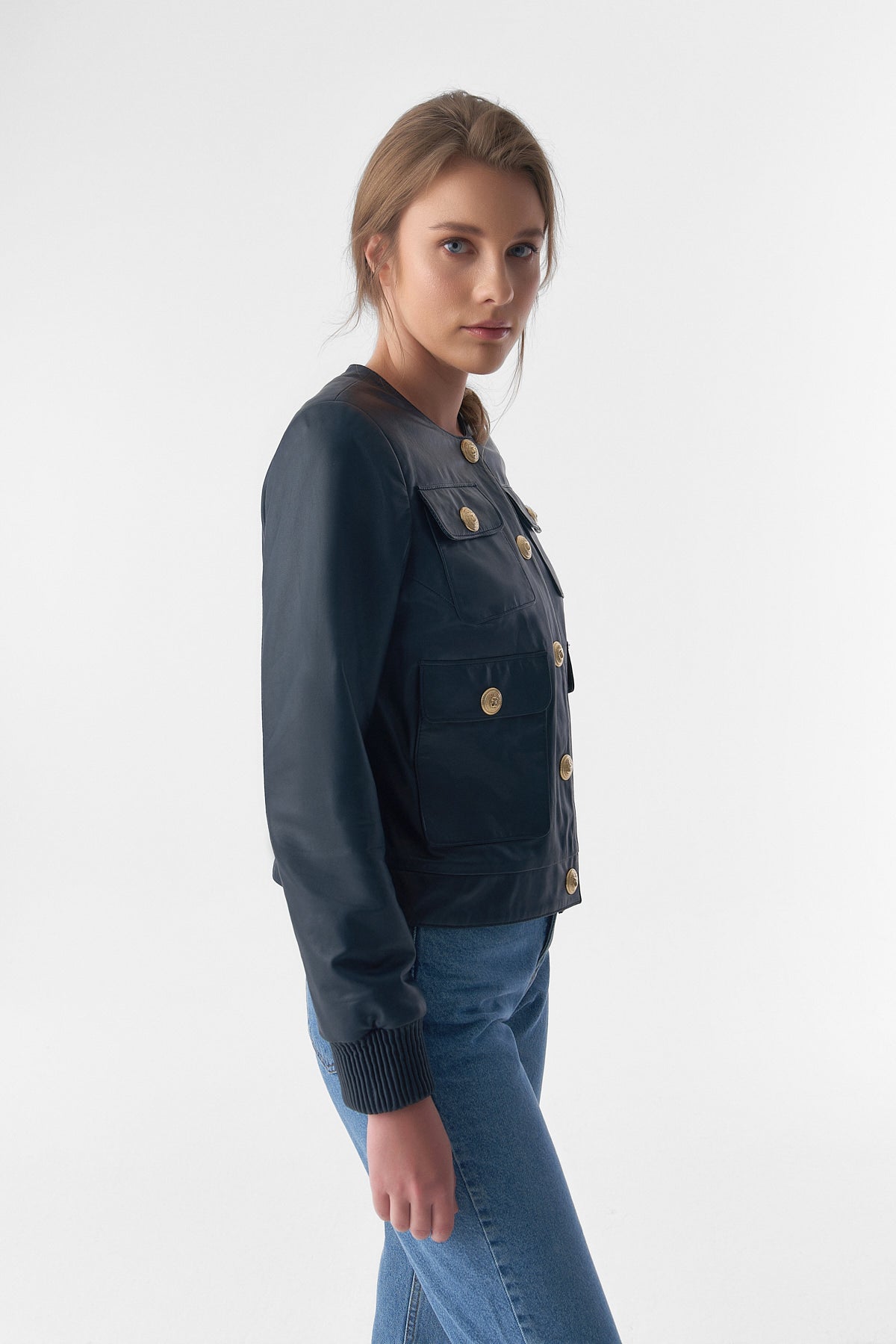 Collarless Stunning Studs Closure Leather Jacket, Navy