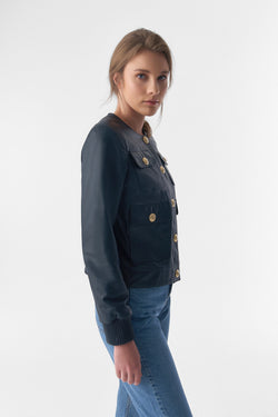 Image of Collarless Stunning Studs Closure Leather Jacket, Navy