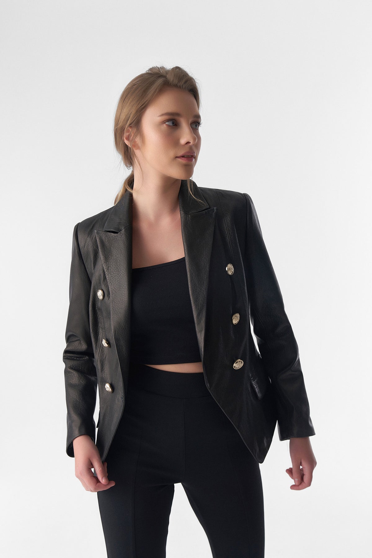 Genuine Leather Blazer Jacket, Natural Grain Black