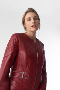 Image of Genuine Leather Quilted Biker Jacket, Burgundy