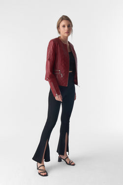 Image of Genuine Leather Quilted Biker Jacket, Burgundy