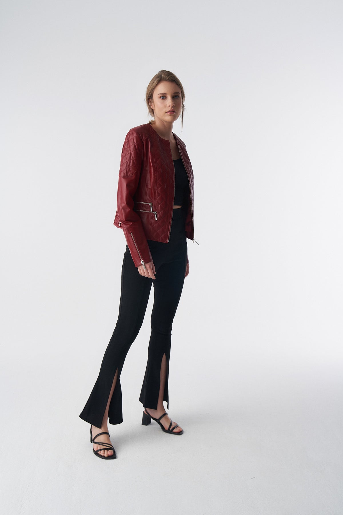 Genuine Leather Quilted Biker Jacket, Burgundy