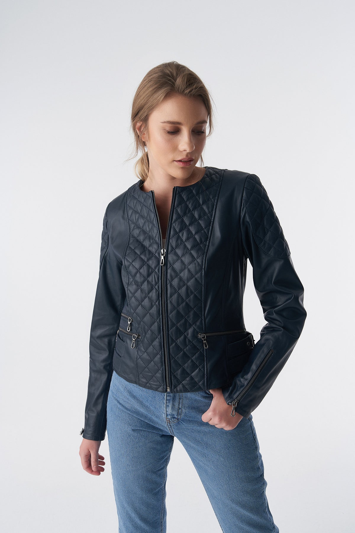 Genuine Leather Quilted Biker Jacket, Navy