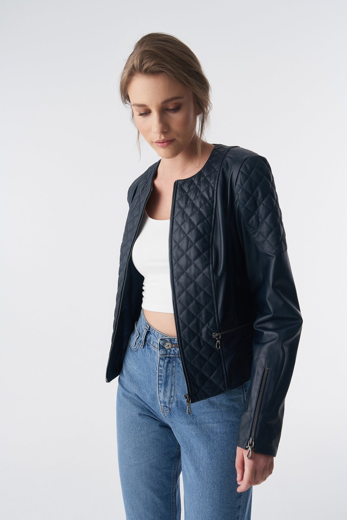 Genuine Leather Quilted Biker Jacket, Navy