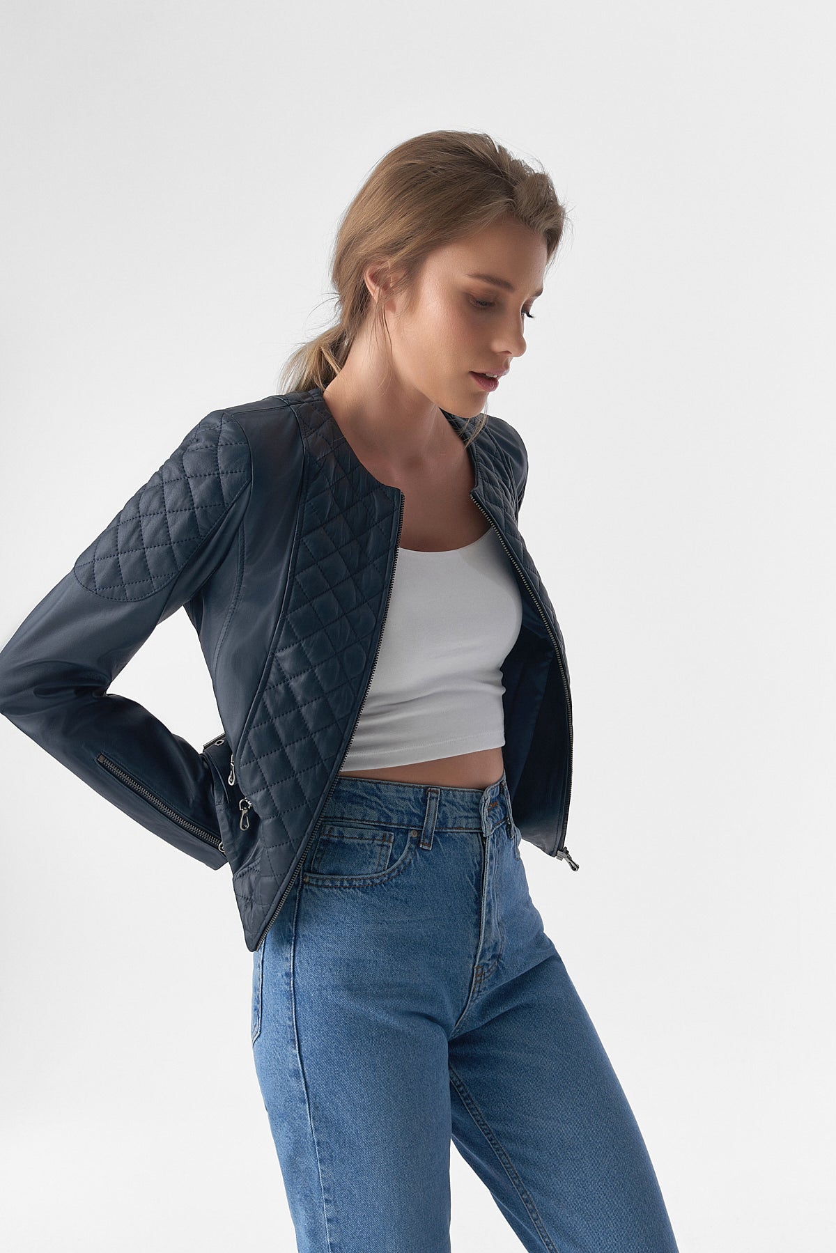 Genuine Leather Quilted Biker Jacket, Navy