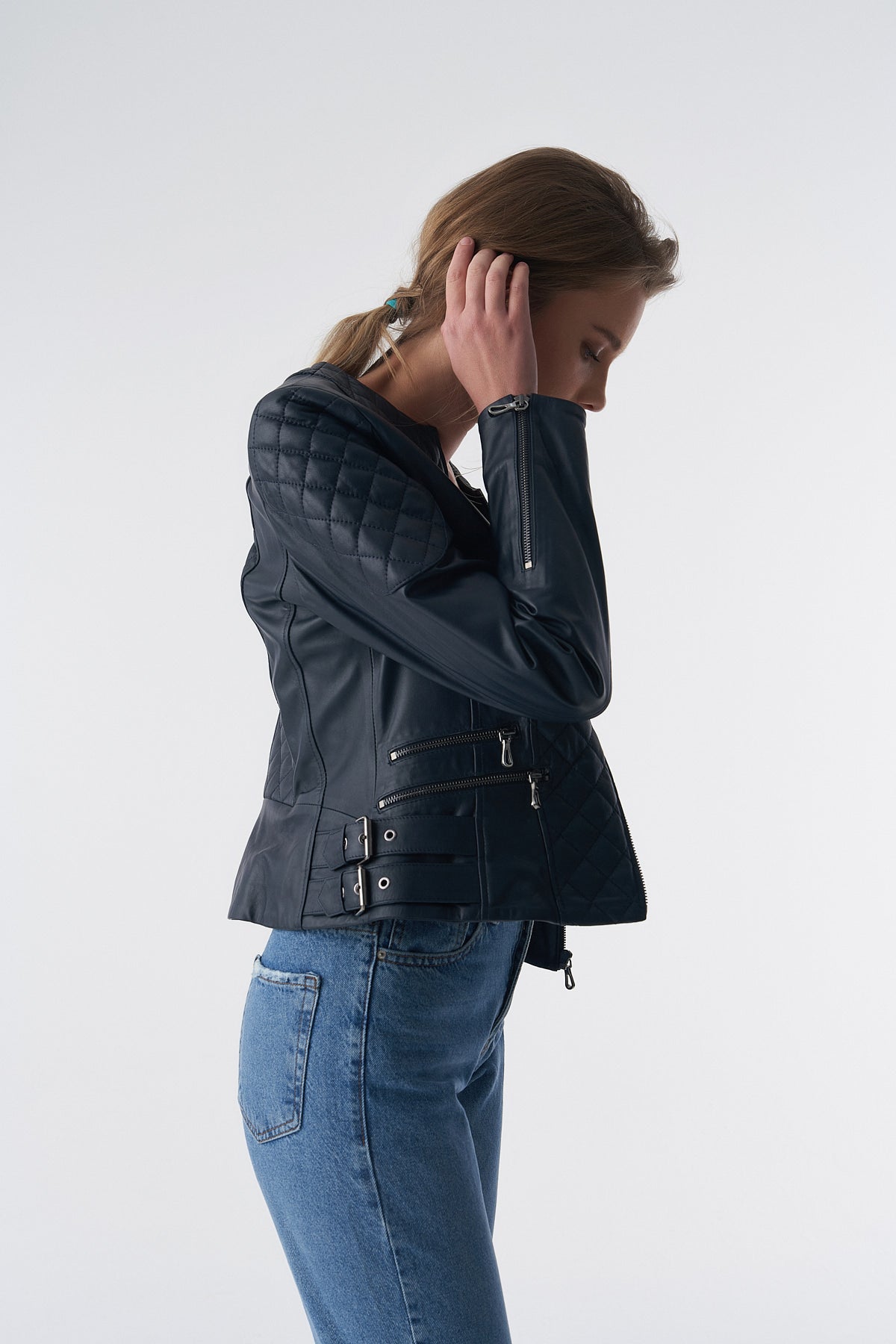 Genuine Leather Quilted Biker Jacket, Navy