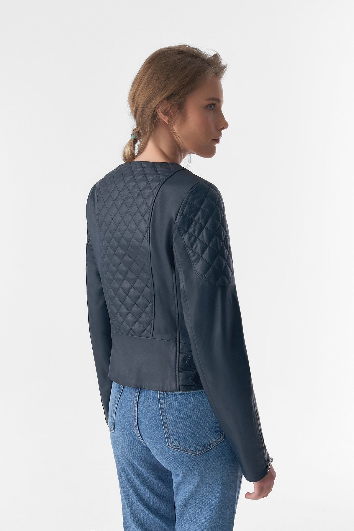 Genuine Leather Quilted Biker Jacket, Navy