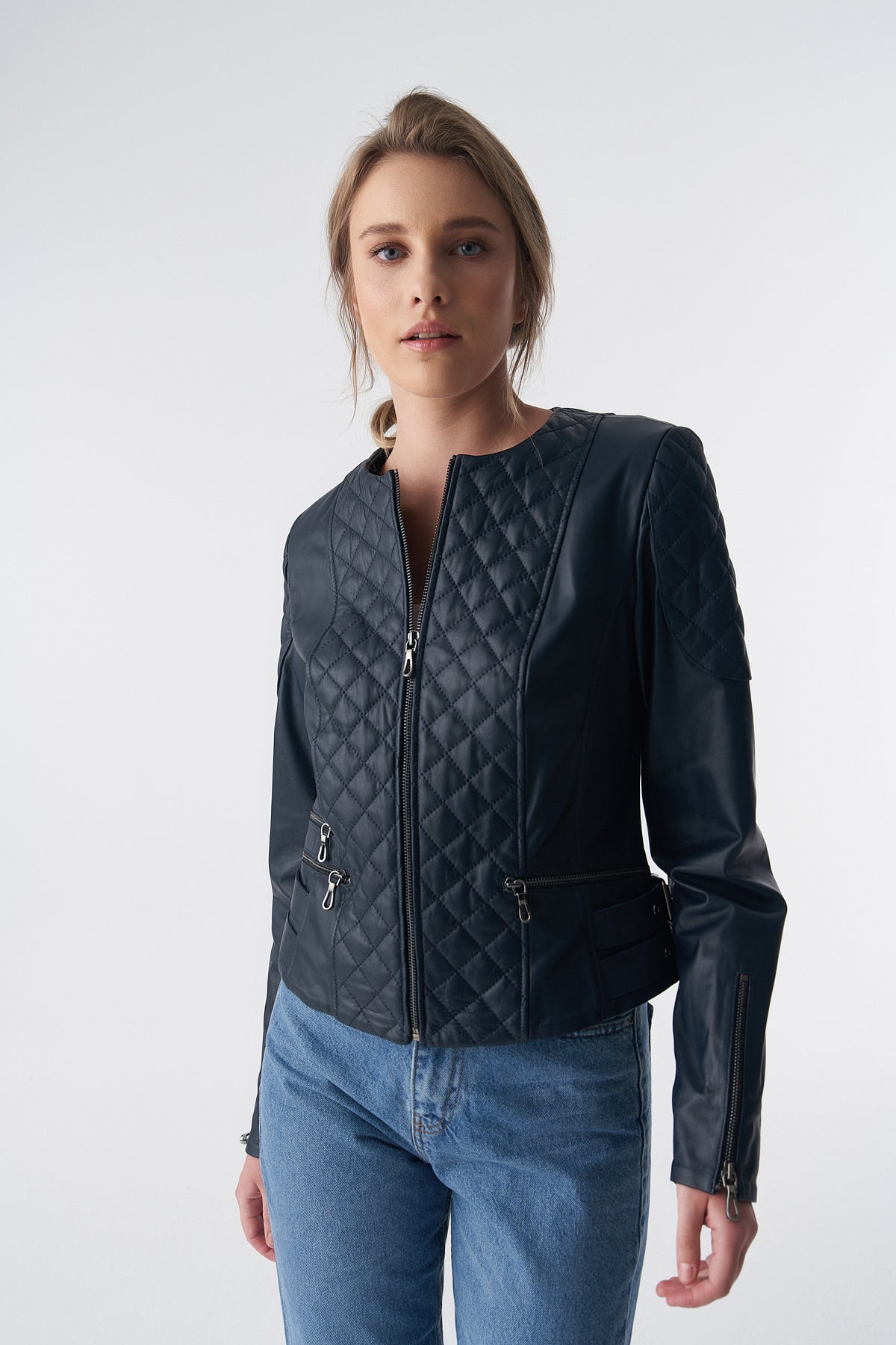 Genuine Leather Quilted Biker Jacket, Navy