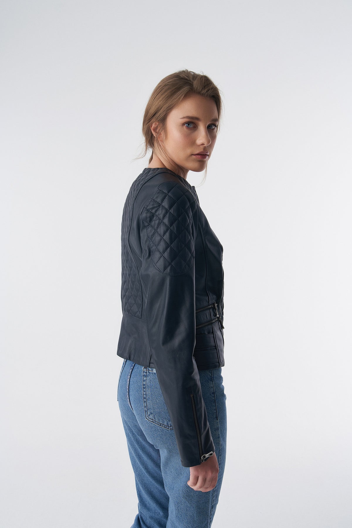 Genuine Leather Quilted Biker Jacket, Navy