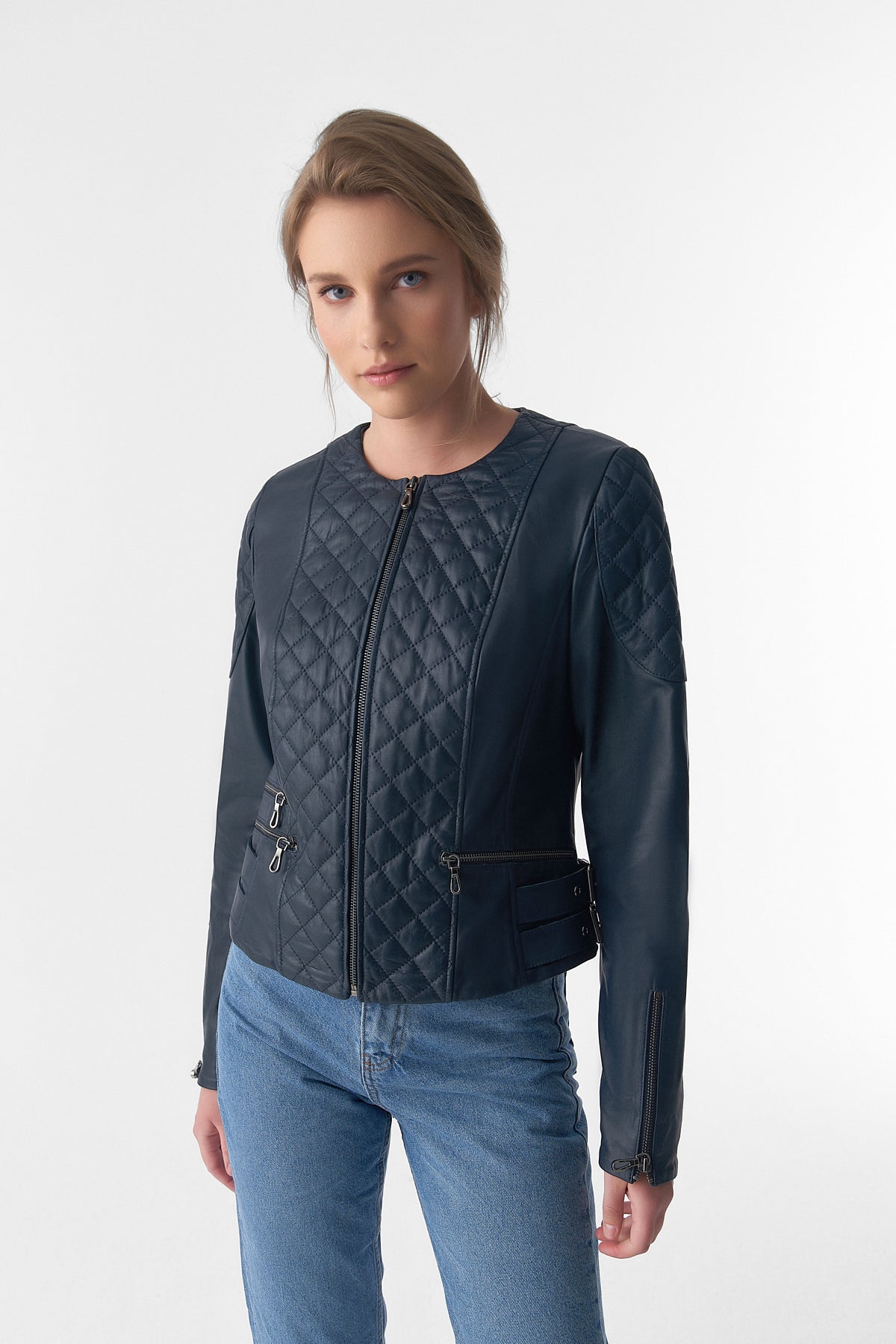 Genuine Leather Quilted Biker Jacket, Navy