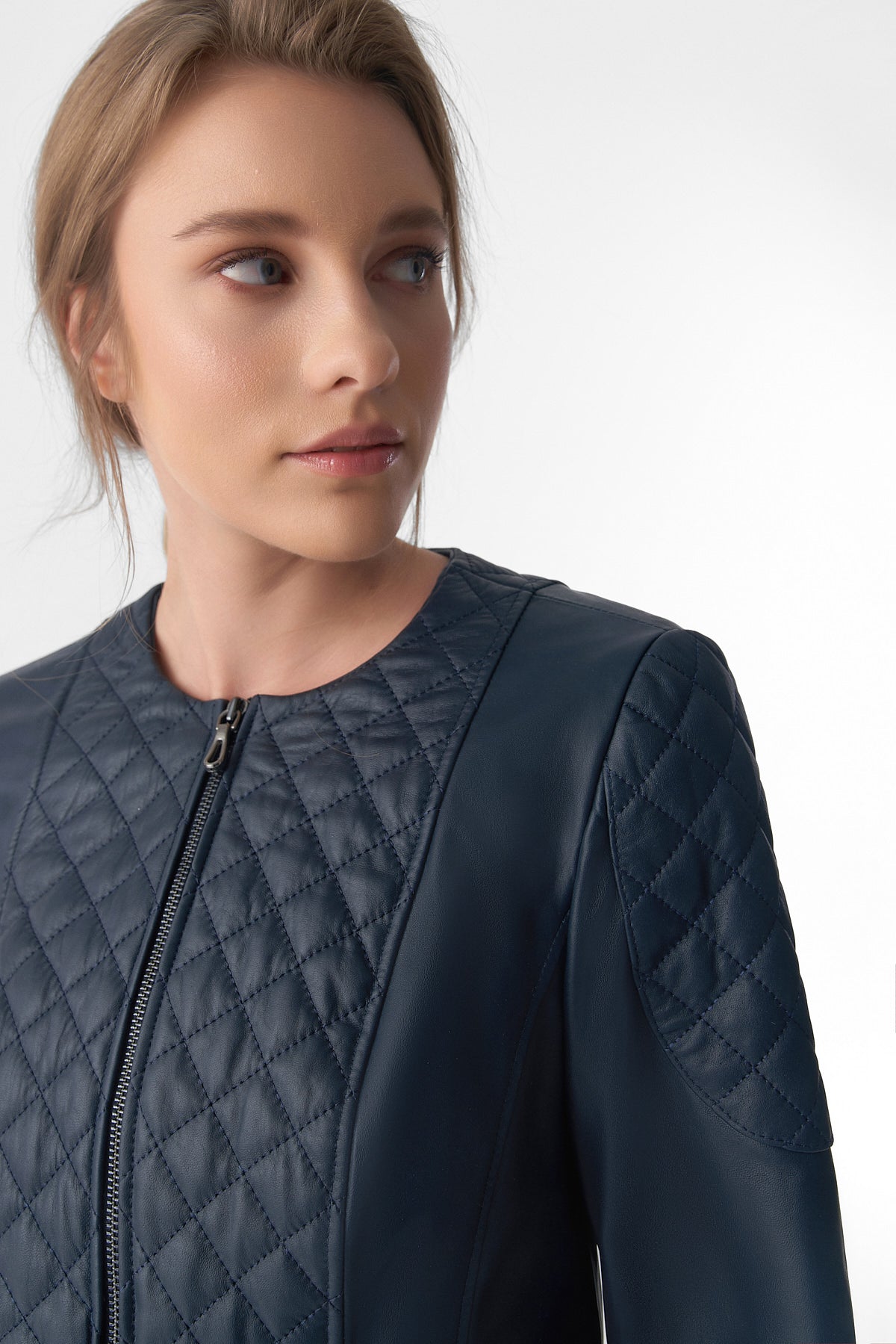 Genuine Leather Quilted Biker Jacket, Navy