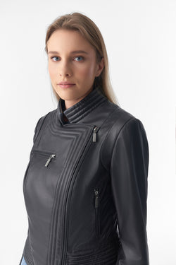 Image of Genuine Leather Riser Biker Jacket, Black