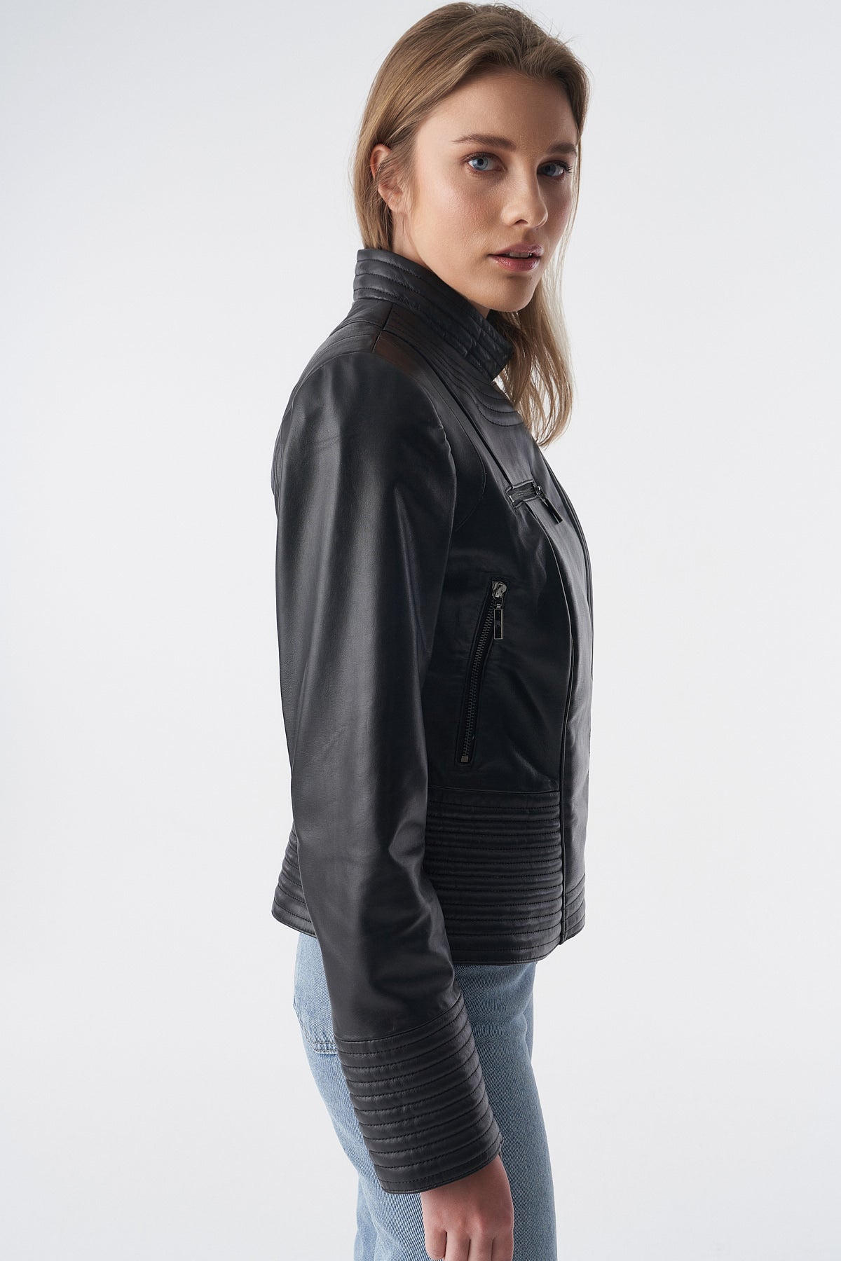 Genuine Leather Riser Biker Jacket, Black