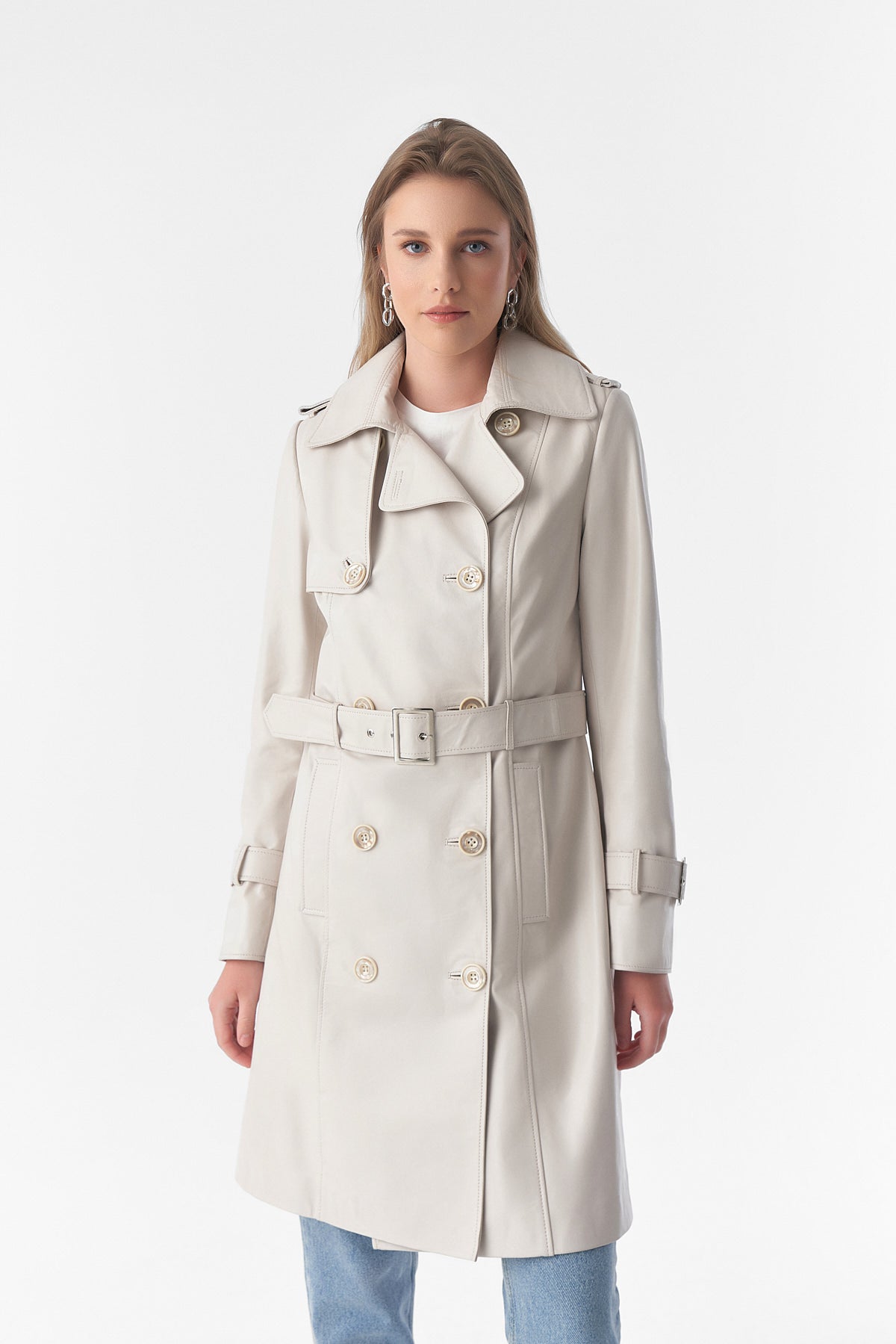 Women's Genuine Leather Trench Coat, Beige